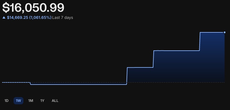Balance of $16,050.99, up $14,669.25 (1,061.65%) over seven days